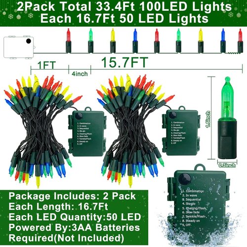 2 Pack Colorful Christmas String Lights Decoration Battery Operated Fairy Lights with Timer Waterproof 8 Modes Christmas Xmas Lights for Outdoor Indoor Tree Yard Party Garden Decor, Each 50LED 16.4FT