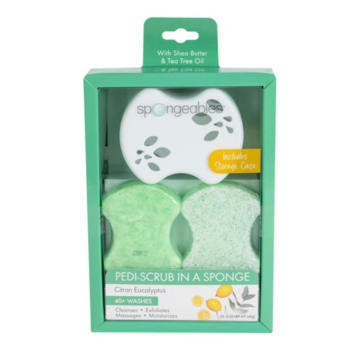 Spongeables Foot Scrubber Sponge with Shea Butter and Tea Tree Oil, Citron Eucalyptus, 2 Count, Includes Storage Case