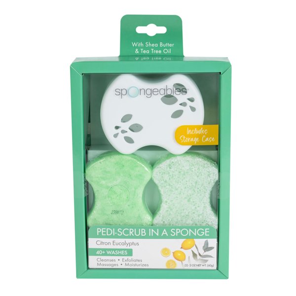 Spongeables Foot Scrubber Sponge with Shea Butter and Tea Tree Oil, Citron Eucalyptus, 2 Count, Includes Storage Case