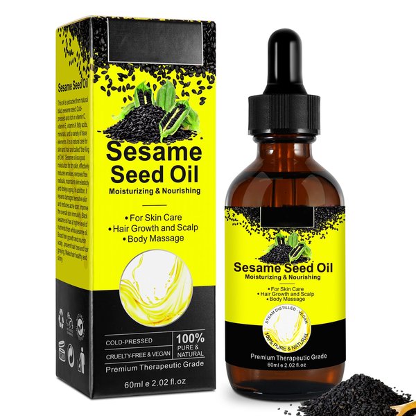 AIQIUSHA Sesame Oil for Body&Hair,60ML,Organic Black Sesame Seed Oil for Skin,Unrefined 100% Pure Cold Pressed for Body Hair Skin,Eyelashe, Hair Oil,Essential Oil, Massage Oil, Anti-Aging Oil