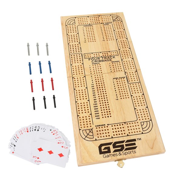 GSE Games & Sports Expert 4-Track Wooden Folding Cribbage Board with Playing Card, Metal Pegs and Storage Area, Portable Continuous Cribbage Board Game Set