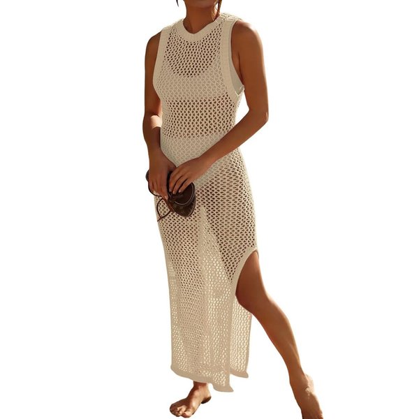 Bsubseach Crochet Cover Ups for Swimwear Women Hollow Out Swimsuit Coverup Backless Bikini Beach Dress Apricot