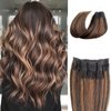 Ubetta Hair Extensions Real Human Hair Ombre Natural Black to Chestnut Brown Highlights Remy Human Hair Extensions Invisible Wire Hair Extensions Straight Human Hair Filp on Extensions 20 inch 100G