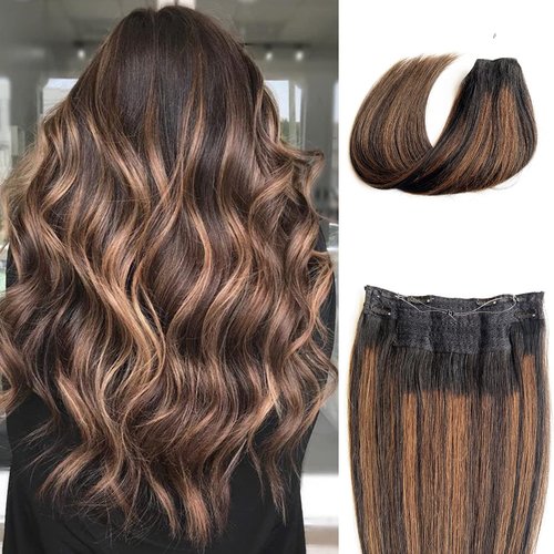 Ubetta Hair Extensions Real Human Hair Ombre Natural Black to Chestnut Brown Highlights Remy Human Hair Extensions Invisible Wire Hair Extensions Straight Human Hair Filp on Extensions 20 inch 100G