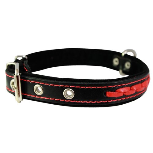 Red on Black Genuine Leather Braided Dog Collar 20"x1", Fits 14"-18" Neck