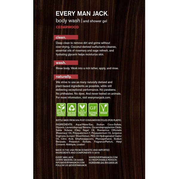 Every Man Jack Men's Body Wash - | 33-ounce Twin Pack - 2 Bottles Included | Naturally Derived, Parabens-free, Pthalate-free, Dye-free, and Certified Cruelty Free (Cedarwood)