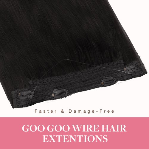 GOO GOO Wire Hair Extensions Human Hair, 1B Natural black Natural 16inch 95g, Invisible Wire Hair Extensions with Transparent, Seamless Fish Line Hairpiece