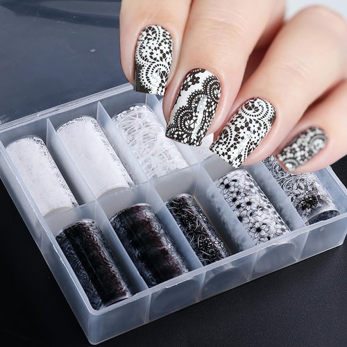 JERCLITY 10 Rolls Lace Flower Nail Foil Transfer Sticker Black White Flower Pattern Nail Foil Sheets Foil Nail Art Decals Lace Flowers Nail Foil Transfer Stickers Foil Nail Wraps for Foil Nail Art