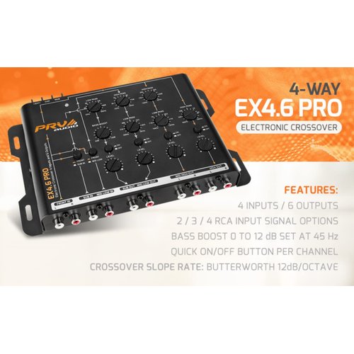 PRV AUDIO Crossover Car Audio EX4.6 PRO 4 Way or 3 Way Electronic Crossover 9 Volts, 4 in 6 Out RCA Channels Car Sound Processor