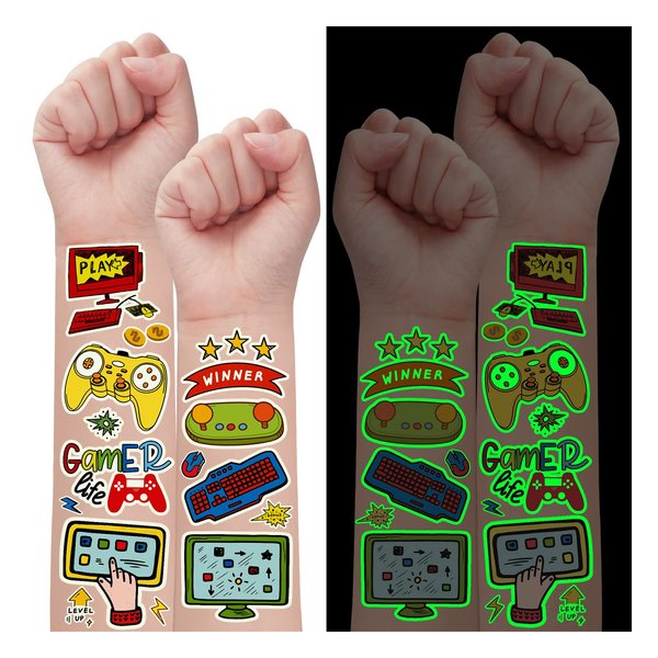 Partywind Luminous Video Game Party Supplies Temporary Tattoos for Kids, 158 Styles Glow Gamer Gaming Birthday Decorations for Boys Party Favors, Fake Tattoo Stickers for Gamer