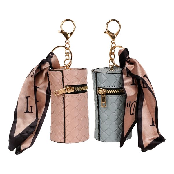 Philo Fun 2 Pack Lipstick Organizer Case – Boho Braided Design with Scarf Accent, Portable Cylinder Travel Lip Gloss Balm Holder with Zipper and Keychain, Blue and Pink