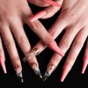 Outyua Smoke Pattern Fake Nails Pink Coffin Extra Long Press on Nails with Designs Glossy Ballerina Acrylic False Nails Stick on Artificial Nails 24Pcs (Pink)