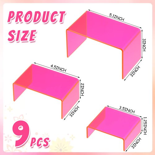 9 Pieces Neon Acrylic Display Risers Display Stand Shelf Acrylic Retail Desktop Jewelry Display Riser Showcase Fixtures for Dessert Cupcake Figure Collectibles Toy(Neon Pink)