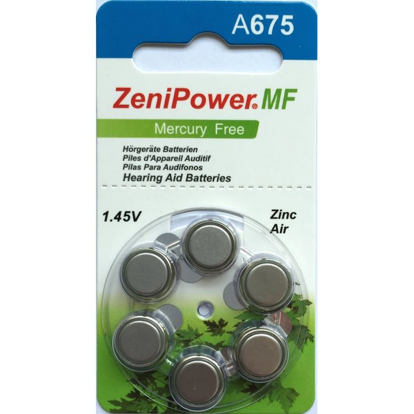 ZeniPower Size 675 Mercury Free 1.45V Hearing Aid Batteries Zinc Air (60 Batteries)