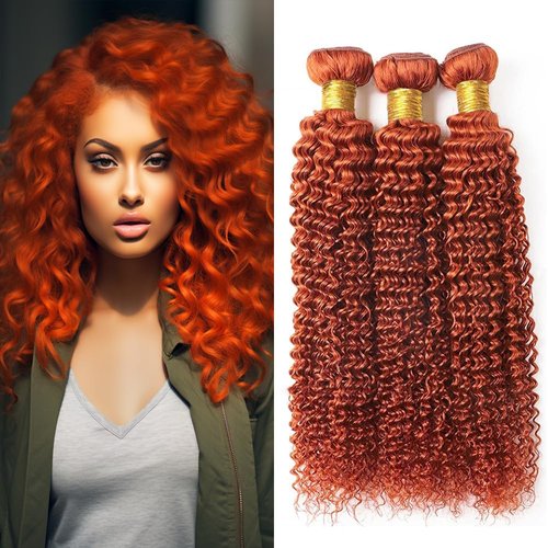 Orange Kinky Curly Bundles Human Hair Color 350 Curly Human Hair Bundles Ginger Human Hair Double Weft Remy Hair Wet and Wavy Bundles Soft and Silky for Black Woman (10 10 10 inch,3 Bundles)
