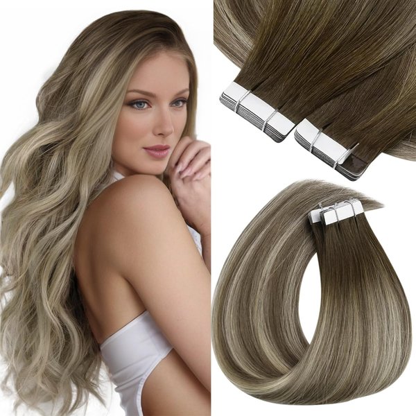 Sunny Hair Tape in Hair Extensions Brown Balayage Tape ins Human Hair Extensions Cool Brown Fading to Ash Brown Highlights Blonde Invisible Tape in Hair Extensions Brown Balayage 20pcs 50g 20inch