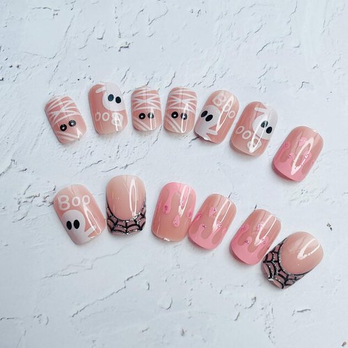 LRKNNO Halloween Press on Nails Short Square Halloween Fake Nails Petite Cute Ghost Press on Acrylic Glue on Nails Glitter Spider Web Nail Tips Full Cover Pink Coffin False Nails for Women Girls 24Pcs
