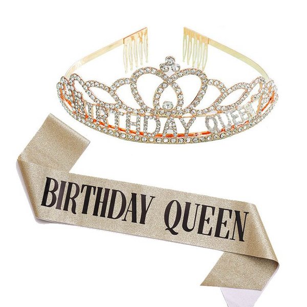 Yean Birthday Queen Crown Rhinestone Gold Headband with Sash Crystal Princess Tiaras and Crowns for Women and Girls (Gold-Queen)