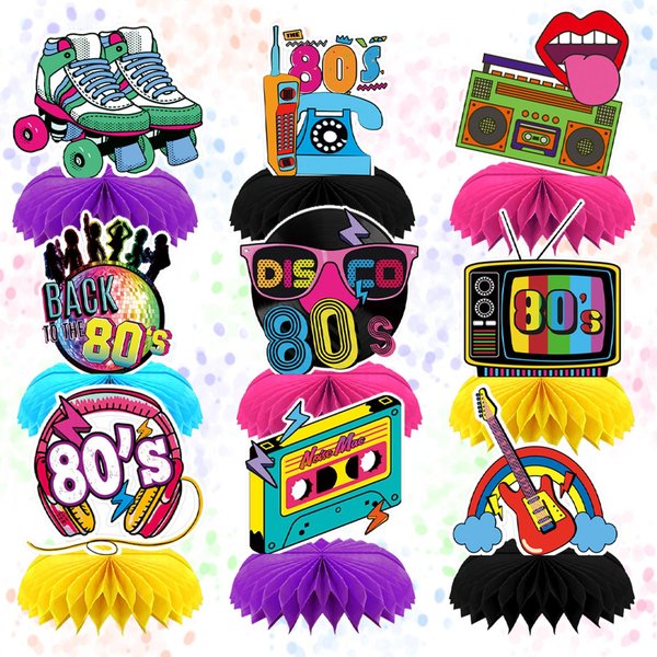 IADIUENOG 80s Honeycomb Centerpieces 9 Pieces 80's Party Decorations Hip Hop Party Table Toppers Retro Nostalgic Birthday Disco Rock Party Supplies