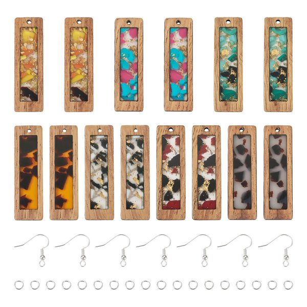 Cheriswelry 54Pcs/Box Rectangle Resin Wood Earring Pendants Set with Drop Wooden Hang Ornament Earring Hooks Jump Rings 48.5mm for DIY Earring Necklace Jewelry Making Crafts