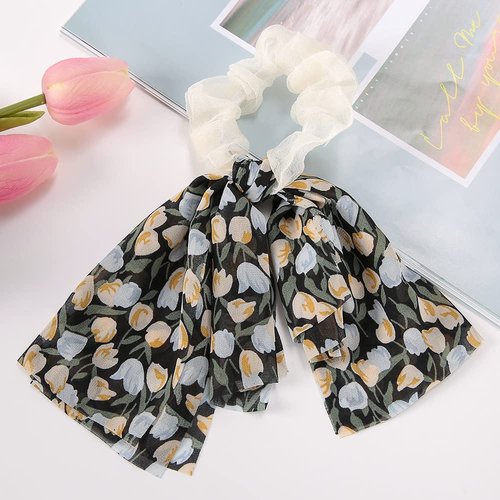 Flower Hair Scarf Scrunchies Chiffon Short Hair Ribbon Scarf Scrunchies Ties