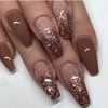 MISUD Coffin Press on Nails Medium Ballerina Fake Nails Fall Brown Acrylic Nails Glossy Glue on Nails Luxury Bling Glitter Stick on Artificial Nails Autumn False Nails 24 pcs