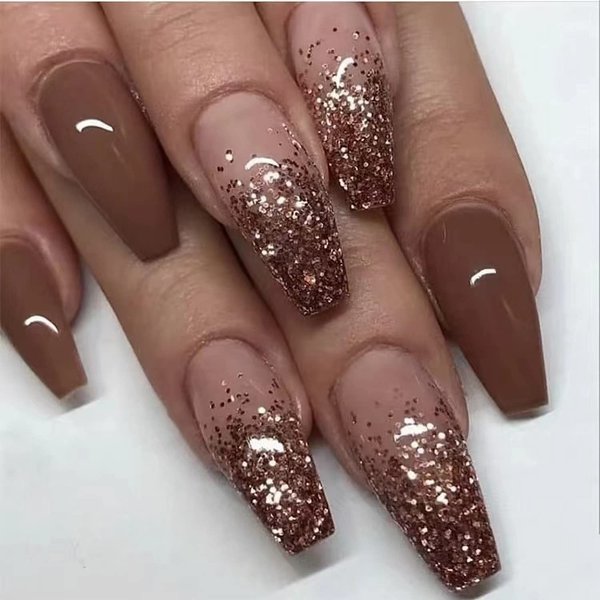 MISUD Coffin Press on Nails Medium Ballerina Fake Nails Fall Brown Acrylic Nails Glossy Glue on Nails Luxury Bling Glitter Stick on Artificial Nails Autumn False Nails 24 pcs