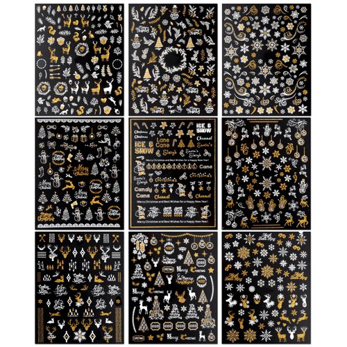 JMEOWIO 9 Sheets Christmas Glitter Nail Art Stickers Decals Self-Adhesive Snowflake Winter Holiday White Nail Supplies Nail Art Design Decoration Accessories