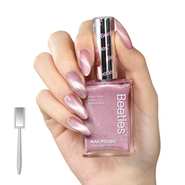 Beetles Nail Polish 1Pcs 15ml Pink Shimmer Cat Eye Nail Polish-Fast Drying & Long Lasting Nail Polish Milky Pink Velvet Nail Lacquer with Magnet Elegant Color Salon DIY at Home