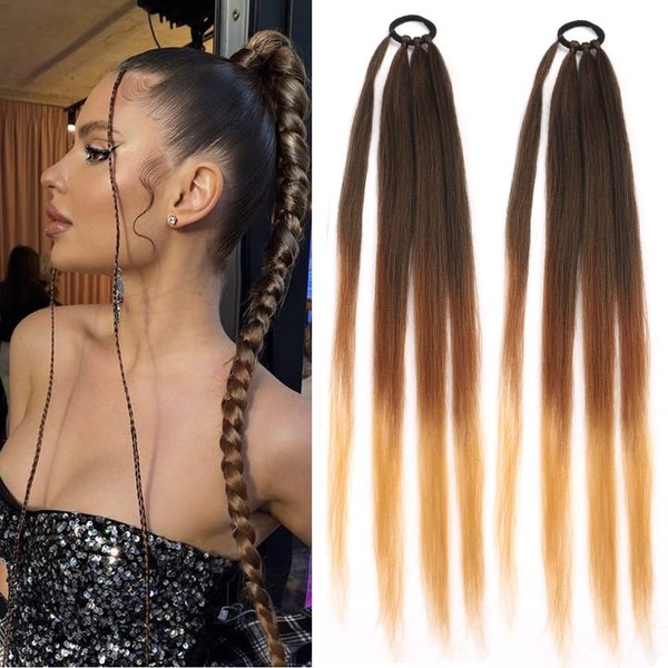 Ponytail Extensions 2 PCS Synthetic With Hair Tie Wrap Around Hair Braid Extensions Chignon Tail Rubber Band Hair Ring 26 Inch Ombre Braid DIY Ombre Brown