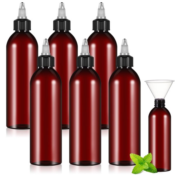 Barydat 6 Pcs Twist Top Applicator Bottle 8 oz Refillable Squeeze Bottle Empty Hair Oil Applicator Amber Plastic Bottles with Open Close Nozzle and 2 Funnels for Liquid Hair Oil Shampoo Lotion