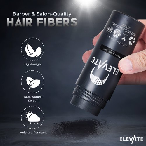 ELEVATE Hair Fibers for Thinning Hair (BLACK) 100% Natural & Undetectable Keratin Hair Fibers to Instantly Thicken Thinning & Balding Hair in 30 sec for Men & Women - Natural Hair Loss Concealer 28g