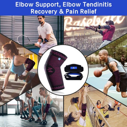 ABYON Elbow Brace, Elbow Compression Sleeve (1 Piece) + Tennis Elbow Support Straps (2 Pieces) for Men and Women Tennis Elbow, Golfers Elbow, Arthritis, Tendonitis, Elbow Pain Relief (Pink, S)