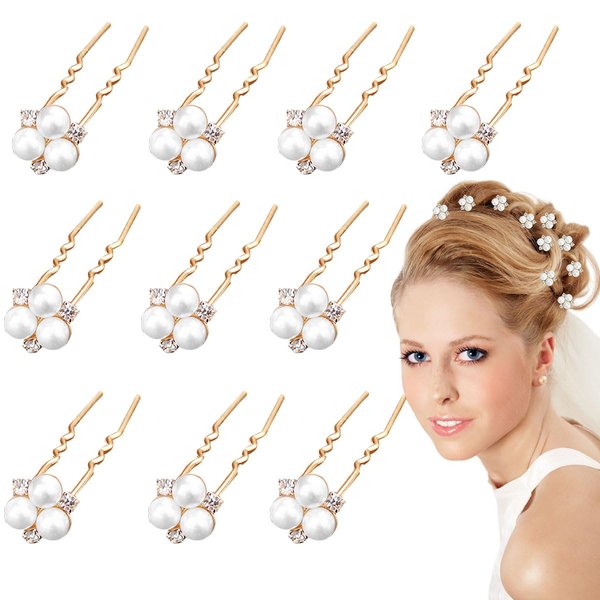 10 PCS Bridal Wedding Hair Pins Accessories for Women,Pearl Diamante Hair Bun Metal U Shaped Hair Clip Hairpins Everyday Wear Women