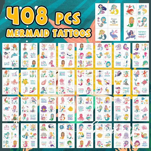 EMOME 408 Mermaid Temporary Tattoos Girls, Glitter Tattoos for Kids Waterproof, Birthday Party Favors Supplies Great for Girls Party Accessories Goodie Bag Stuffers Party Fillers