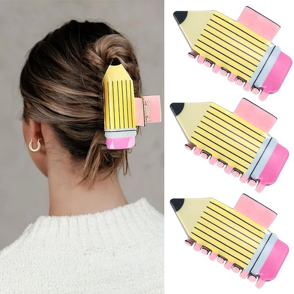 3 Pack Pencil Hair Claw Clips for Women Girls, Funny Back To School Hair Clips Supplies, Cute Hair Jaw Barrettes, Strong Hold Claw Clips Fun Hair Accessories