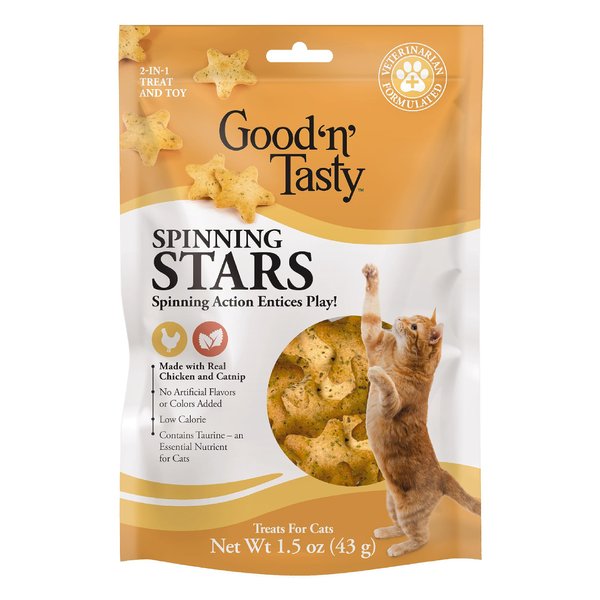 Good ‘n’ Tasty Spinning Stars Cat Treats, 1.5 Ounce Bag, 2-in-1 Treat & Toy Made with Real Chicken, Chicken Liver & Catnip, Encourages Playfulness & Low Calorie