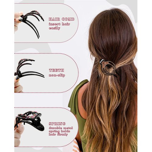 5PCS Rhinestone French Hair Clips for Women Thick Hair No Slip Curved Claw Clips Strong Hold Flat Hair Clip (Curved(Medium,3.74"))