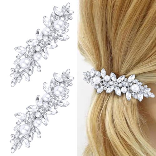 WHAVEL 2PCS Pearl Hair Barrettes for Women, Pearl Hair Clips Rhinestone French Barrette Hair Clips Bridal Hair Pins Decorative Hair Accessories for Women Bride (Silver)