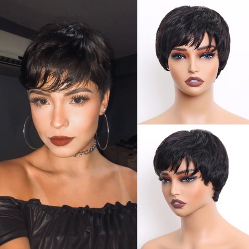 Pixie Cut Wig Human Hair Short Pixie Cut Wigs for Black Women Human Hair Glueless Pixie Wig Short Layered 100% Brazilian Human Hair Wigs For Women Full Machine Made None Lace Front Wig 1B Color