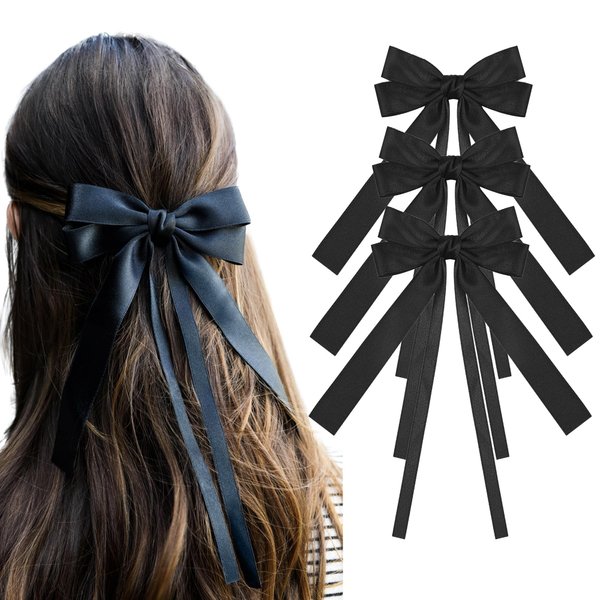 Styla Hair 3 Piece Satin Bow Clip Hair Ribbons for Women & Girls, Metal Alligator Clip No Slip Design Black Bow for Hair, Double Long Tail Bows for Hair - Black
