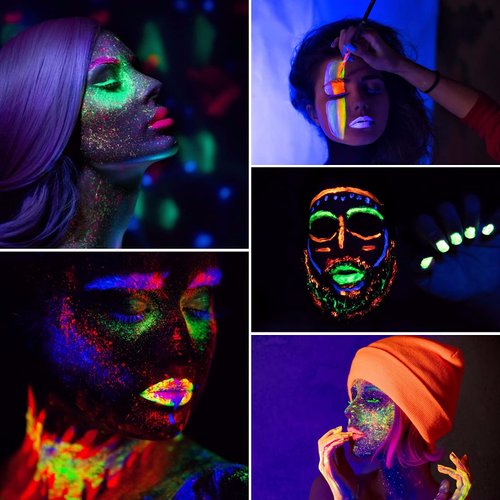 NewWay Luminous Neon Face & Body Paint Glow in the Dark Party Supplies MakeUp Cream Paint UV Light For Halloween Christmas 8 Color 0.7 fl oz x 16 Tubes