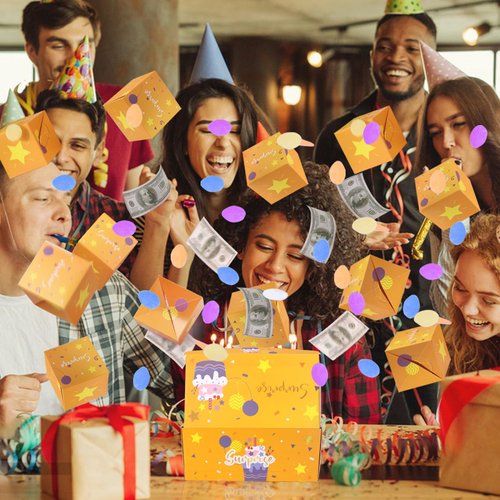 BABORUI Birthday Surprise Gift Box Explosion for Money, Happy Birthday Surprise Gift Box with Confetti, Cash Explosion Gift Box for Women Men Kids(Yellow Birthday)