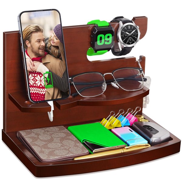 Gifts for Men Dad Husband Him - Stocking Stuffers for Men, Wood Phone Docking Station - Birthday Gifts for Men, Christmas Anniversary Fathers Day Mens Gifts - Nightstand Organizer, Graduation Gift