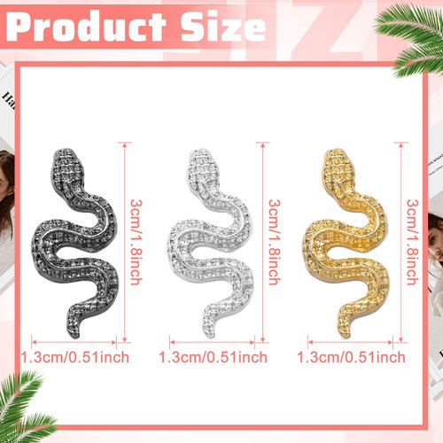 12 Pcs 3D Snake Nail Charms 3D Nail Charms with Rhinestones Alloy Snake Wave Crystal Rhinestones Nail Snake Art Metal Nail Jewelry Accessories Gold Silver Black Nail Charms for Nail Art Decoration DIY