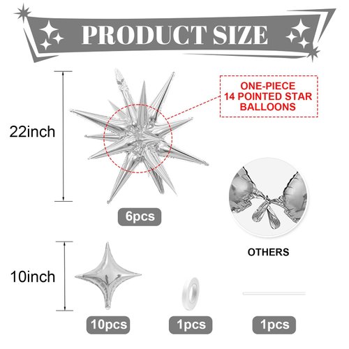 Silver Star Balloons,Explosion Star Balloons Kit with 6Pcs 22Inch Cone Star Foil Balloons and 10Pcs 10Inch Four Pointed Star Balloons for Birthday Anniversary Disco Party Decorations