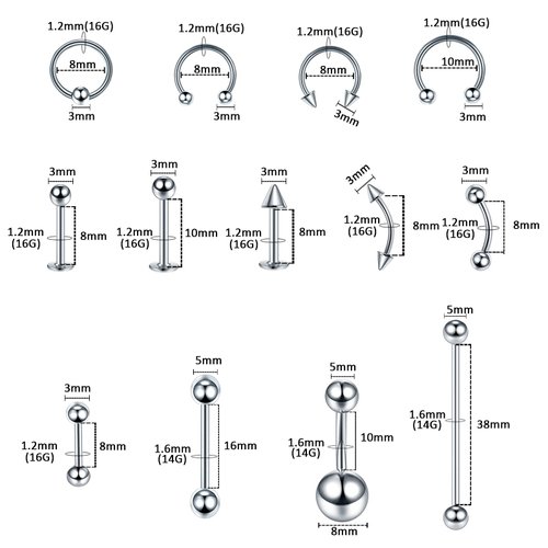 58PCS Body Piercing Kit Surgical Steel 14G 16G BCR CBR Labret Lip Rings Cartilage Daith Earrings Belly Button Rings Nose Septum Piercing Jewelry Needles Gloves Clamps Tools