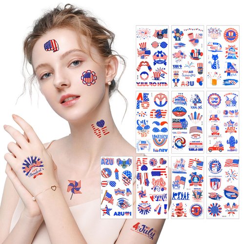 toututu 100PCS 4th of July Temporary Tattoos, Fourth of July Patriotic Tattoo, America Flag Red White and Blue Face Tattoo Stickers, Party in the USA Memorial Independence Labor Day Makeup Accessories