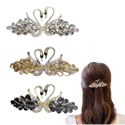 Women's Hair Clips, Delicate Crystal Swan Hair Clips, 3 Piece Women's Ponytail Hair Clips, Elegant Women's Hair Clips, Vintage Style Girl's Hair Accessory (3 Colors), Suitable for Any Hair Type