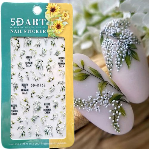 5D White Flower Nail Stickers, Summer Nail Decals Self Adhesive Leaf Nail Stickers for Nail Art Green Leaves Nail Art Suppliers Embossed Lily Nail Decoration Floral Nail Accessories Blossom Nail Art